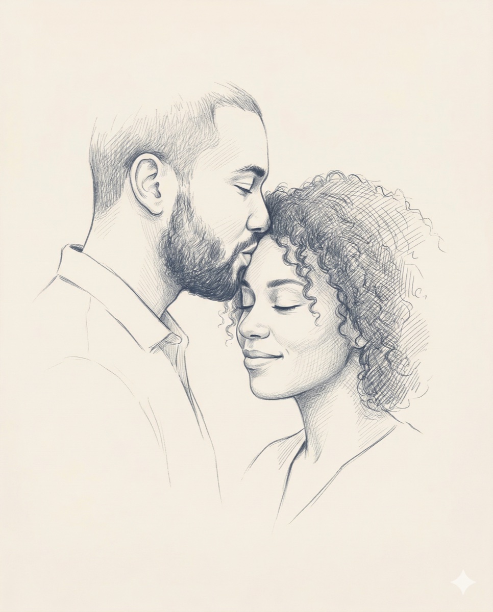 Bleistiftzeichnung: Der Stirnkuss