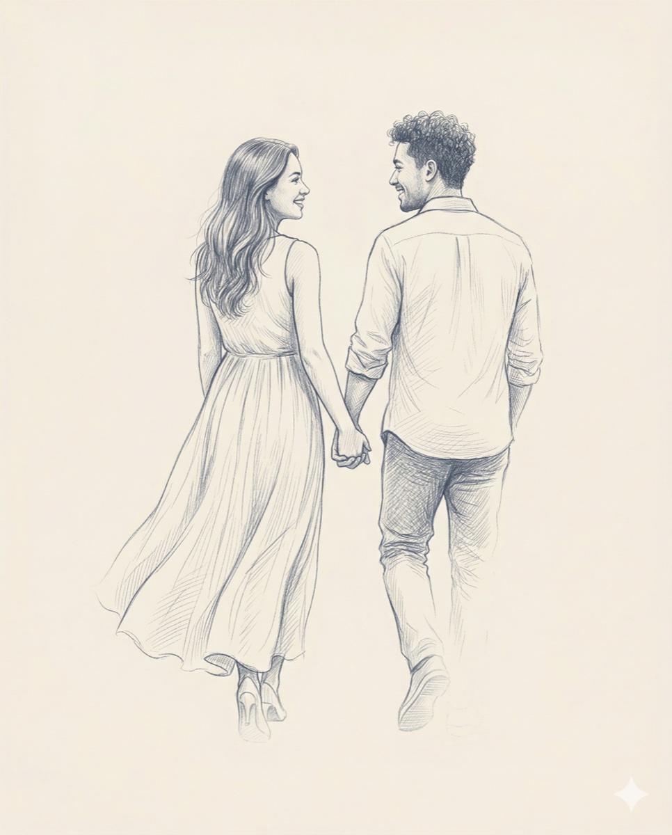 Bleistiftzeichnung: Der Spaziergang