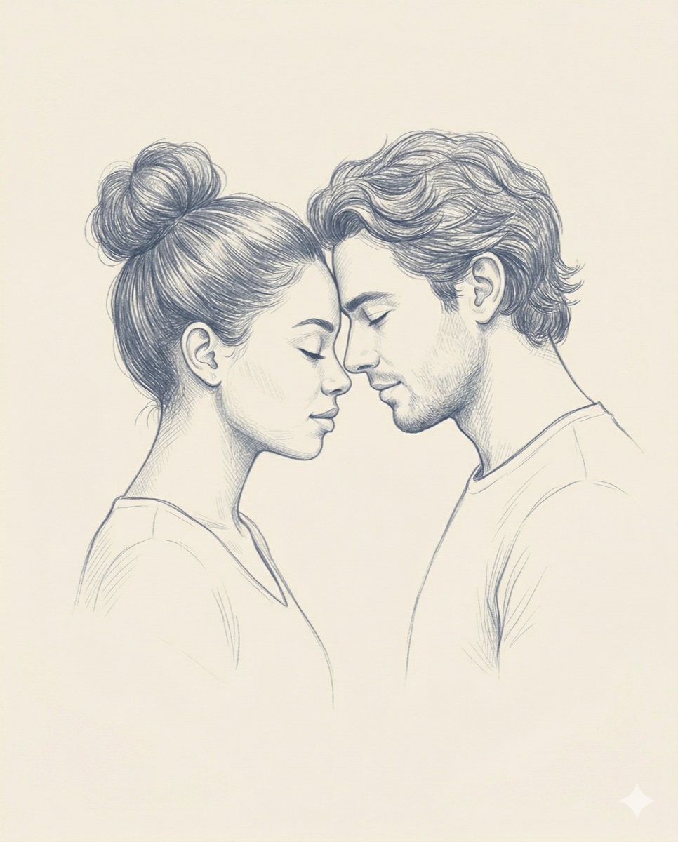 Bleistiftzeichnung: Stirn an Stirn