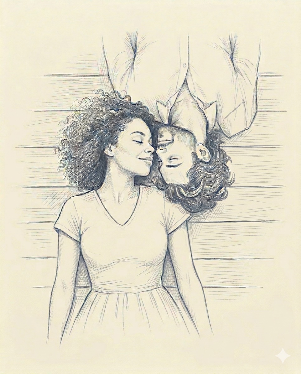 Bleistiftzeichnung: Kopf an Kopf